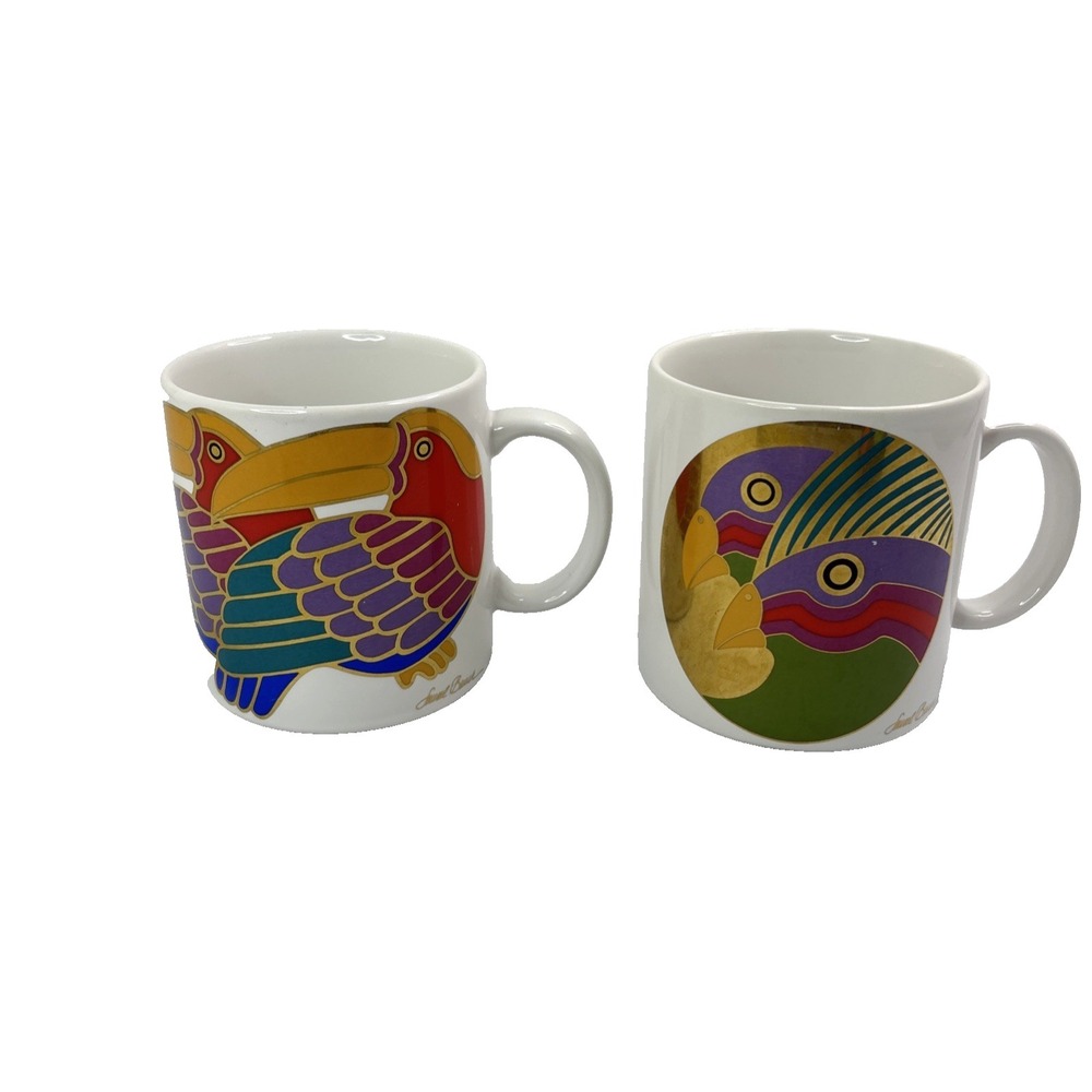 VTG Laurel Burch Tropical Birds Toco Toucan Caribbean Cockatoos Mug Cup